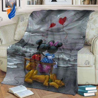 Mickey Mouse And Minnie With Love Balloon Sitting On The Beach Fleece Blanket - Blanket Home Decor Gift