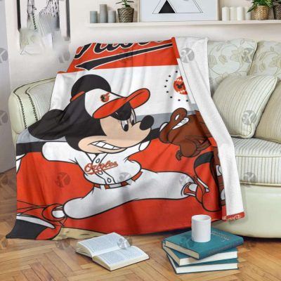 Mickey Mouse Baltimore Orioles MLB Baseball In White And Orange Fleece Blanket - Blanket Home Decor Gift Mickey Mouse Baltimore Orioles MLB Baseball In White And Orange Fleece Blanket - Blanket Home Decor Gift