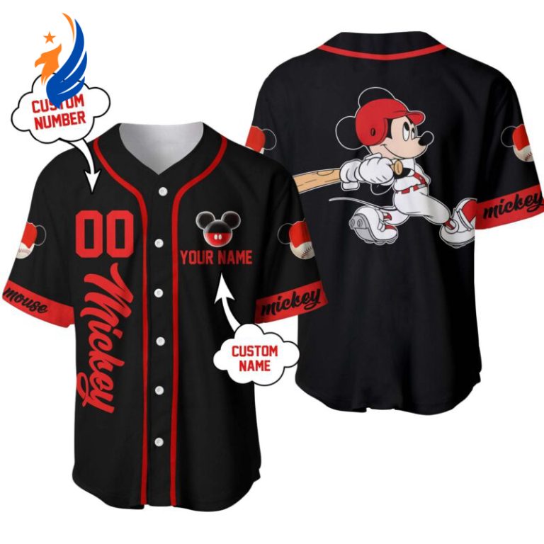 Custom Mickey Mouse Black Red Baseball Jersey: Personalized Disney Apparel for True Fans!