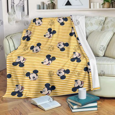 Mickey Mouse Emotional Pattern In Yellow Stripes Background Fleece Blanket - Blanket Home Decor Gift