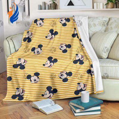 Mickey Mouse Emotional Pattern In Yellow Stripes Background Fleece Blanket - Blanket Home Decor Gift