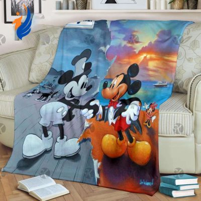 Mickey Mouse Original &amp Current Black And White And Colorful Fleece Blanket - Blanket Home Decor Gift