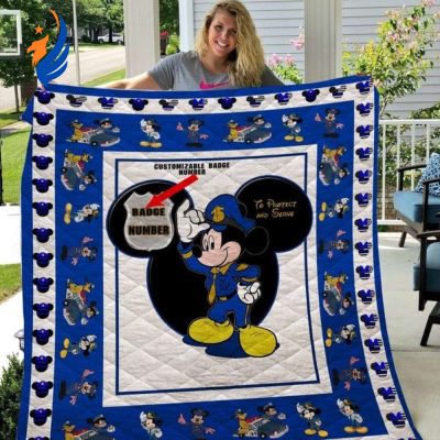 Mickey Mouse Quilt Blanket, Mickey Mouse Police Customizable Badge Number 3D Quilt Blanket - Blanket Home Decor Gift