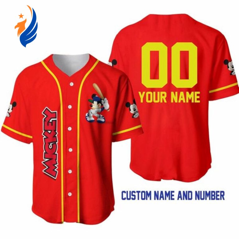 Custom Mickey Mouse Red Yellow Baseball Jersey - Disney Unisex Cartoon Gift with Personalized Name