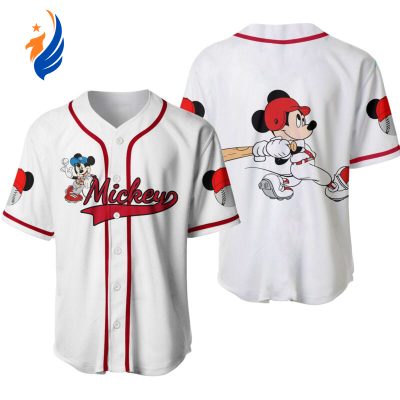 Custom Mickey Mouse Baseball Jersey - White Red Disney Graphic Casual Outfit for Unisex Personalized