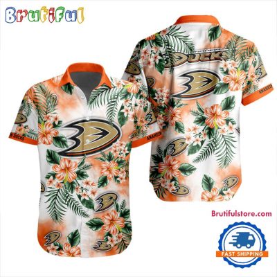 NHL Anaheim Ducks Hockey Tropical Flower Hawaiian Design Button Shirt