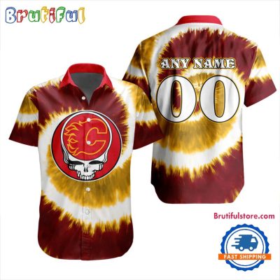 NHL Calgary Flames Grateful Dead Tie-Dye Hawaiian Design Button Shirt NHL Calgary Flames Grateful Dead Tie-Dye Hawaiian Design Button Shirt
