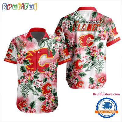 NHL Calgary Flames Hockey Tropical Flower Hawaiian Design Button Shirt