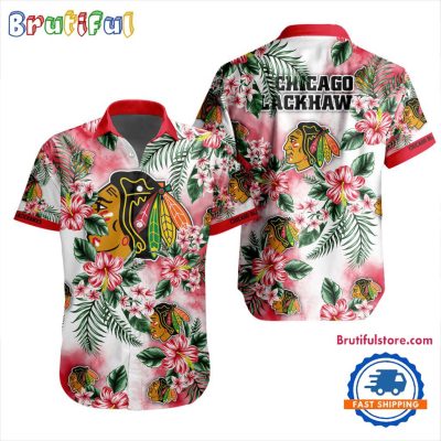 NHL Chicago Blackhawks Hockey Tropical Flower Hawaiian Design Button Shirt