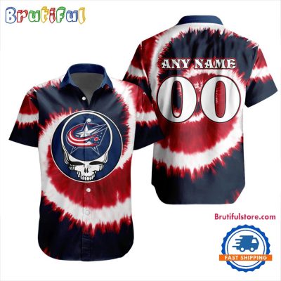 NHL Columbus Blue Jackets Grateful Dead Tie-Dye Hawaiian Design Button Shirt NHL Columbus Blue Jackets Grateful Dead Tie-Dye Hawaiian Design Button Shirt
