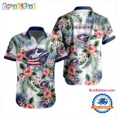 NHL Columbus Blue Jackets Hockey Tropical Flower Hawaiian Design Button Shirt