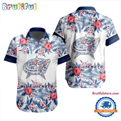 NHL Columbus Blue Jackets Special Flower Tropical Design Hawaiian Button Shirt