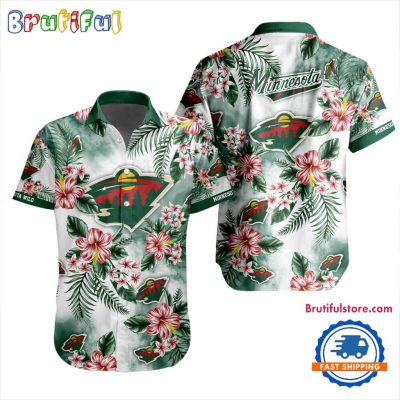 NHL Minnesota Wild Hockey Tropical Flower Hawaiian Design Button Shirt