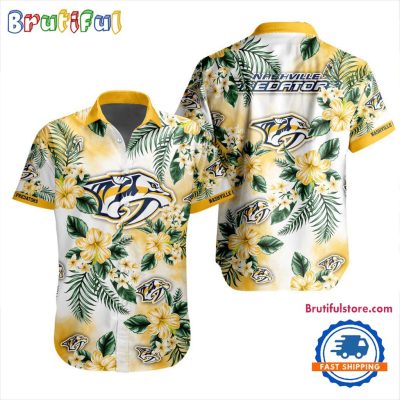 NHL Nashville Predators Hockey Tropical Flower Hawaiian Design Button Shirt