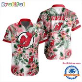NHL New Jersey Devils Hockey Tropical Flower Hawaiian Design Button Shirt