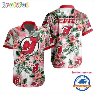 NHL New Jersey Devils Hockey Tropical Flower Hawaiian Design Button Shirt