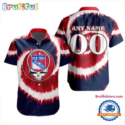 NHL New York Rangers Grateful Dead Tie-Dye Hawaiian Design Button Shirt NHL New York Rangers Grateful Dead Tie-Dye Hawaiian Design Button Shirt