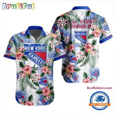 NHL New York Rangers Hockey Tropical Flower Hawaiian Design Button Shirt
