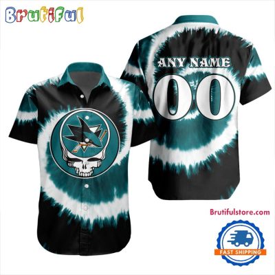 NHL San Jose Sharks Grateful Dead Tie-Dye Hawaiian Design Button Shirt NHL San Jose Sharks Grateful Dead Tie-Dye Hawaiian Design Button Shirt