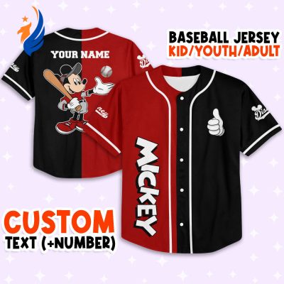 Custom Mickey Baseball Jersey - Personalize Red Black Outfit for Kids Youth & Adults - 3D Disney Gift for Fans