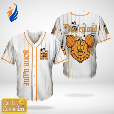 Spooky Retro Disneyland Halloween Mickey Pumpkin Baseball Jersey - Get in the Spirit with this Limited-Edition Collectible