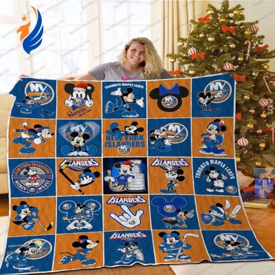 Root for NY Islanders with Mickey Mouse Quilt Blanket Cozy and Snuggly - Blanket Home Decor Gift