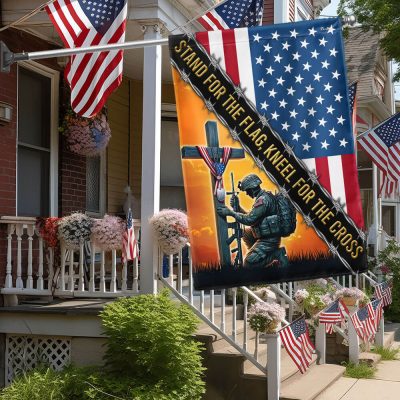 Stand For The Flag, Veteran Christian Cross Memorial America Flag