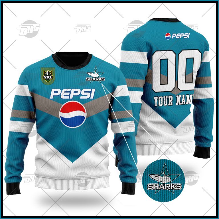 Personalize Cronulla Sutherland Sharks 1999 Retro Pepsi Wool Ugly Sweater - OldSchoolThings - Personalize Your Own New & Retro Sports Jerseys, Hoodies, T Shirts