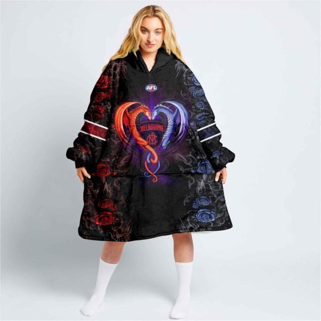 AFL Melbourne Demons Custom Name Number Black Rose Dragon Fleece Oodie