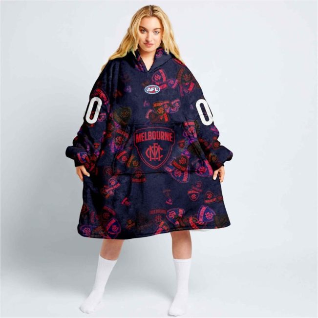 AFL Melbourne Demons Custom Name Number Navy Multi Logo Fleece Oodie