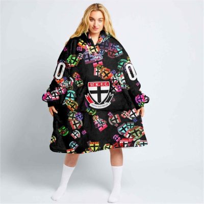 AFL St Kilda Saints Custom Name Number Black Multi Logo Fleece Oodie