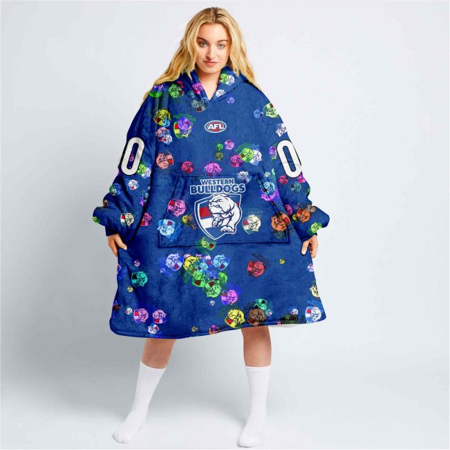 AFL Western Bulldogs Custom Name Number Blue Multi Logo Fleece Oodie