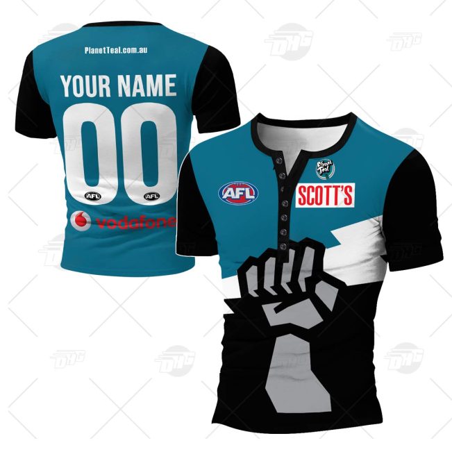 Personalised AFL Port Adelaide 2007 Planet Teal Vintage Retro Henley Shirt Gothic T-shirt