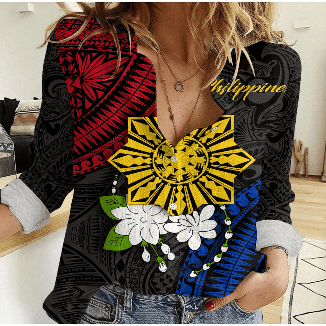 Polynesian Women's Long Sleeve Shirt  Polynesian design Honu, Wave, Sun, Spear, Fern Symbols Polynesian shirts NCY172
