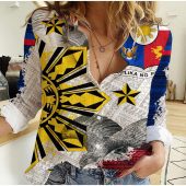 Polynesian Women's Long Sleeve Shirt  Polynesian design Honu, Wave, Sun, Spear, Fern Symbols Polynesian shirts NCY174