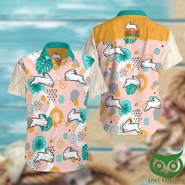 NRL South Sydney Rabbitohs Light Pink and Turquoise Hawaiian Shirt