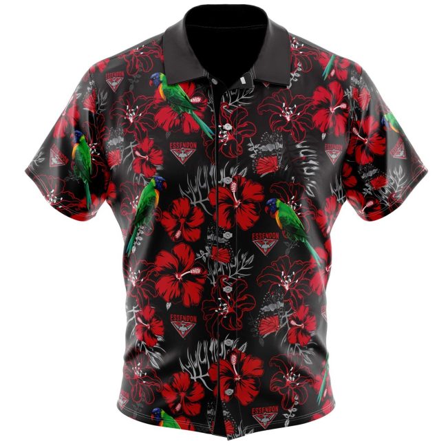 AFL Essendon Bombers Red Black Hibiscus Hawaiian Shirt