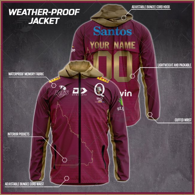 Personalised Super Rugby Queensland Reds Weather Proof Jacket Rain Proof Jacket - OldSchoolThings - Personalize Your Own New & Retro Sports Jerseys, Hoodies, T Shirts