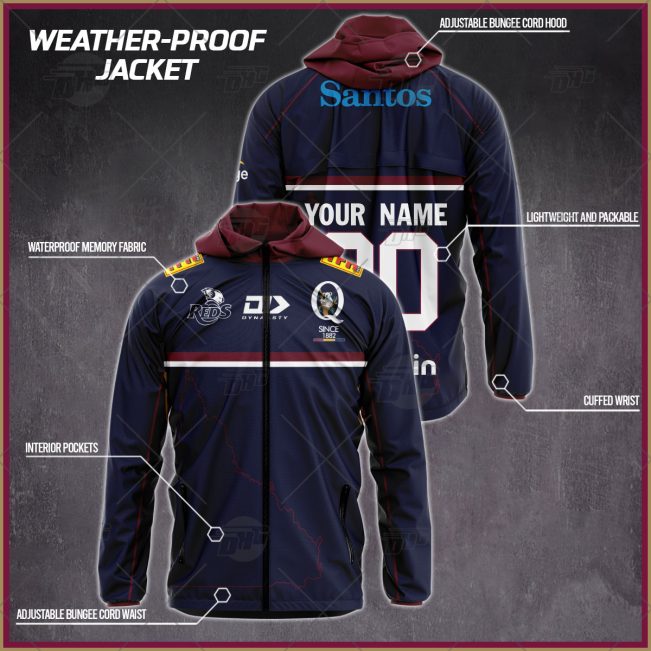 Personalised Super Rugby Queensland Reds Weather Proof Jacket Rain Proof Jacket - OldSchoolThings - Personalize Your Own New & Retro Sports Jerseys, Hoodies, T Shirts