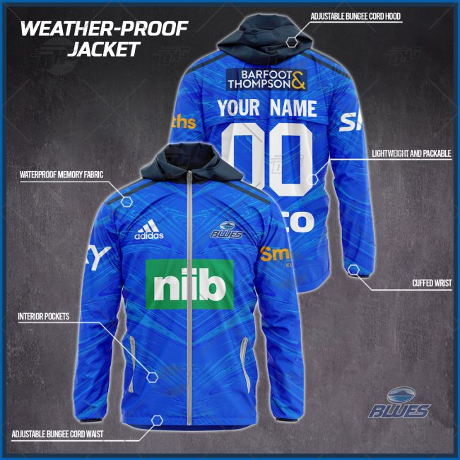 Personalised Super Rugby Auckland Blues Weather Proof Jacket Rain Proof Jacket - OldSchoolThings - Personalize Your Own New & Retro Sports Jerseys, Hoodies, T Shirts