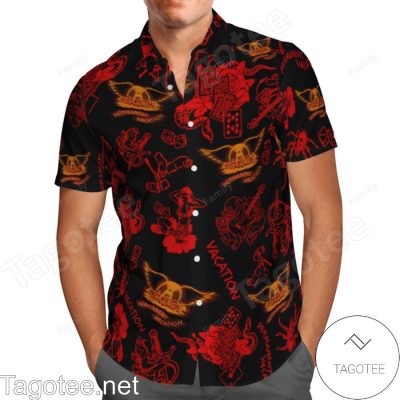 Aerosmith Fashion Red And Black Hawaiian Shirt And Beach Shorts