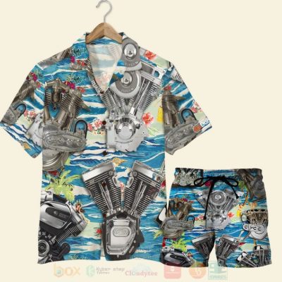 Biker, Seamless Motorcycle Engine Pattern Hawaiian Shirt, Short - Hot Sale 2025