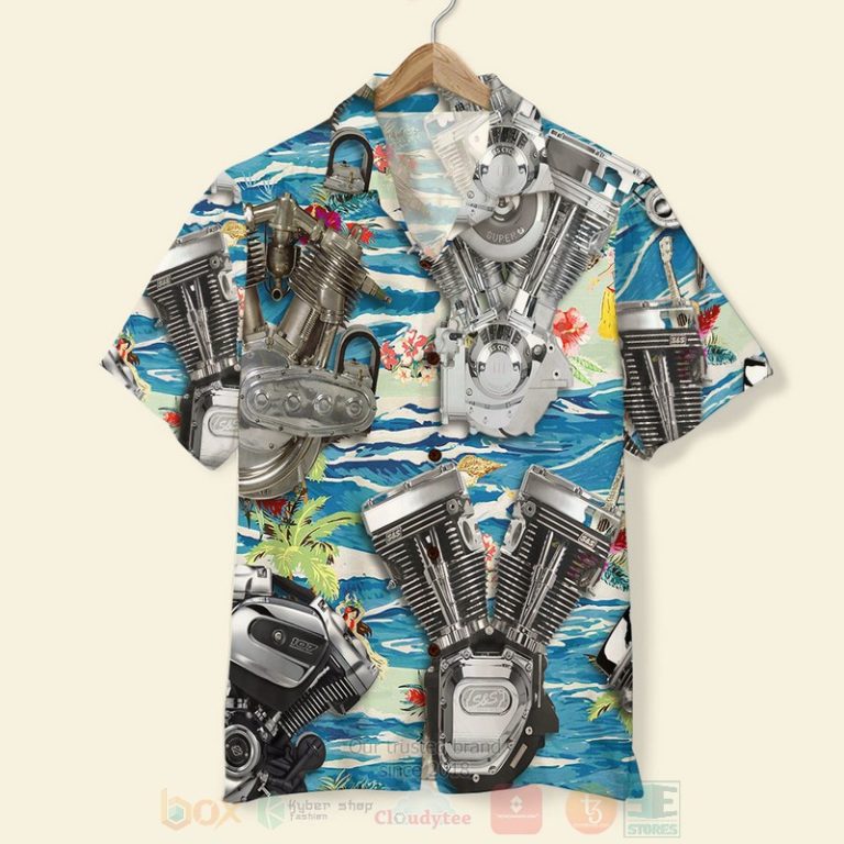 Biker, Seamless Motorcycle Engine Pattern Hawaiian Shirt, Short - Hot Sale 2025 Biker, Seamless Motorcycle Engine Pattern Hawaiian Shirt, Short - Hot Sale 2025