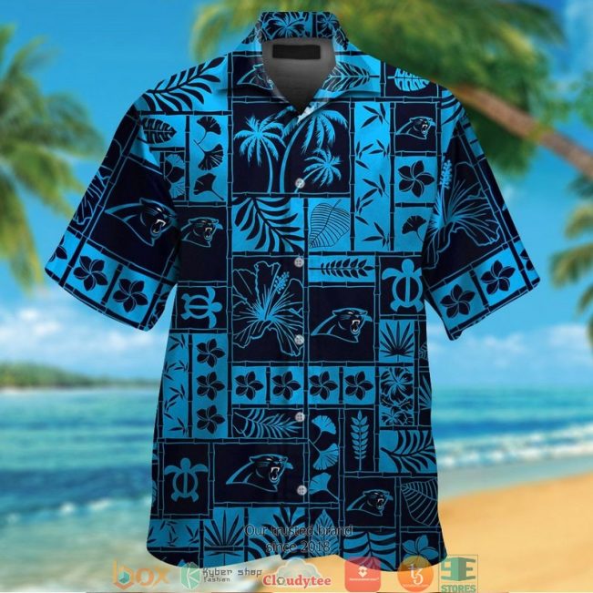 Carolina Panthers Hibiscus Leaf Ocean Square Pattern Hawaiian Shirt, Short - Hot Sale 2025