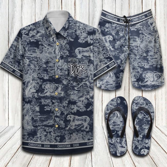 Christian Dior Tiger Luxury Brand Hawaiian Shirt Shorts and Flip Flops Combo