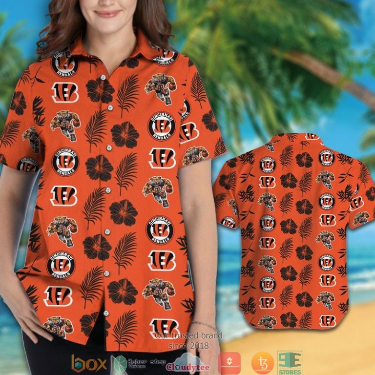 Cincinnati Bengals Leaf Hibiscus Orange Pattern Hawaiian Shirt, Short - Hot Sale 2025 Cincinnati Bengals Leaf Hibiscus Orange Pattern Hawaiian Shirt, Short - Hot Sale 2025