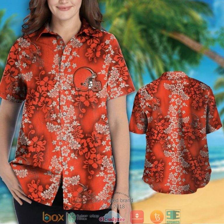 Cleveland Browns Hibiscus Flower Pattern Orange Hawaiian Shirt, Short - Hot Sale 2025 Cleveland Browns Hibiscus Flower Pattern Orange Hawaiian Shirt, Short - Hot Sale 2025