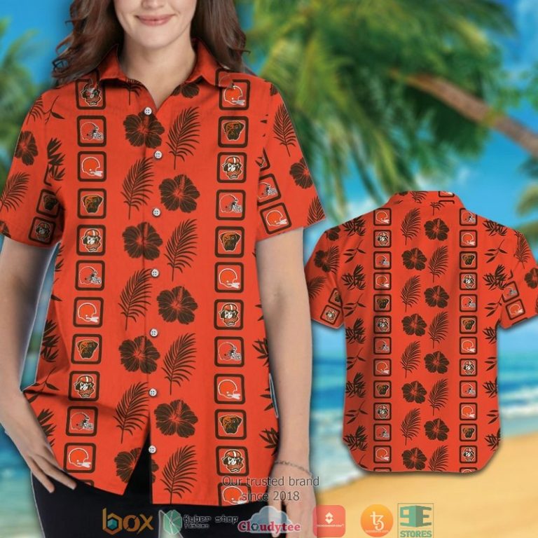 Cleveland Browns Hibiscus Leaf Square Pattern Hawaiian Shirt, Short - Hot Sale 2025 Cleveland Browns Hibiscus Leaf Square Pattern Hawaiian Shirt, Short - Hot Sale 2025