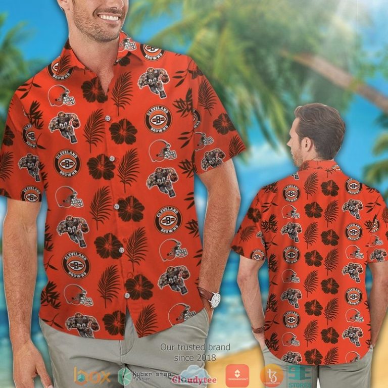 Cleveland Browns Hibiscus Leaf Pattern Orange Hawaiian Shirt, Short - Hot Sale 2025 Cleveland Browns Hibiscus Leaf Pattern Orange Hawaiian Shirt, Short - Hot Sale 2025