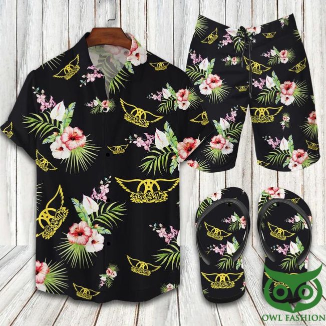 Aerosmith Logo Black Flip Flops And Combo Hawaiian Shirt Shorts